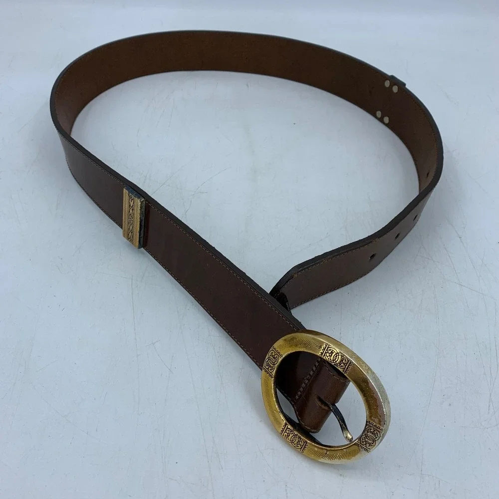Vtg 90s Brighton Leather Belt Gold Buckle USA Large Southwestern Cowgirl Boho